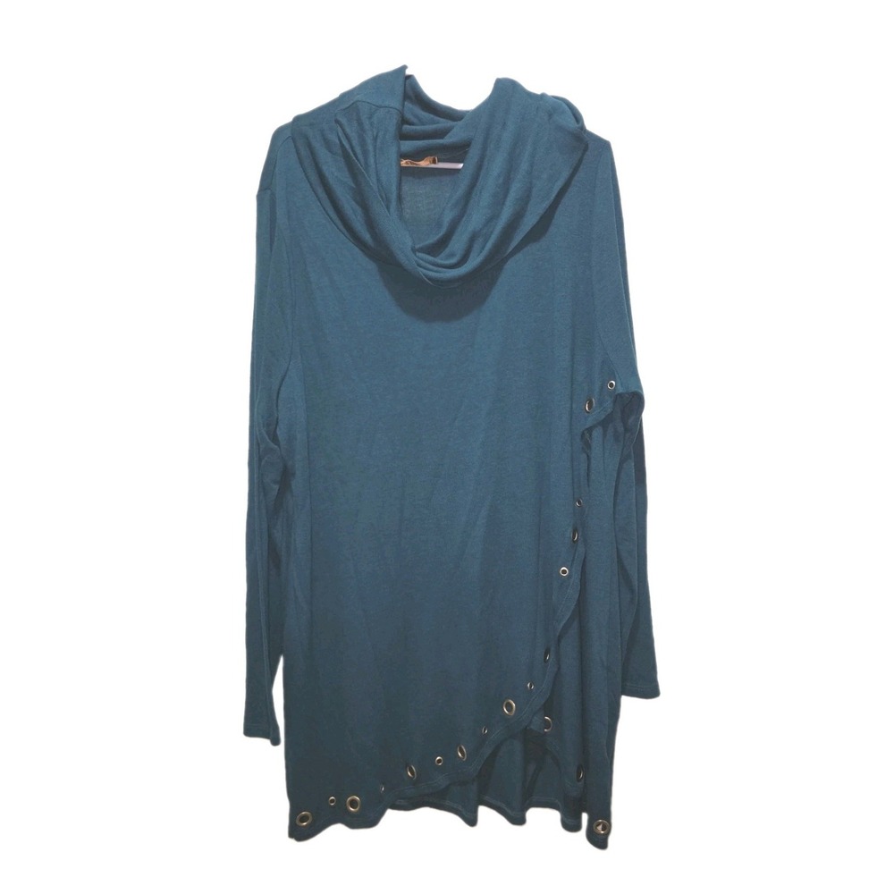 Belldini 3X Dark Teal Cowl Neck Tunic Gold Grommet Asymmetrical Wrap Hem